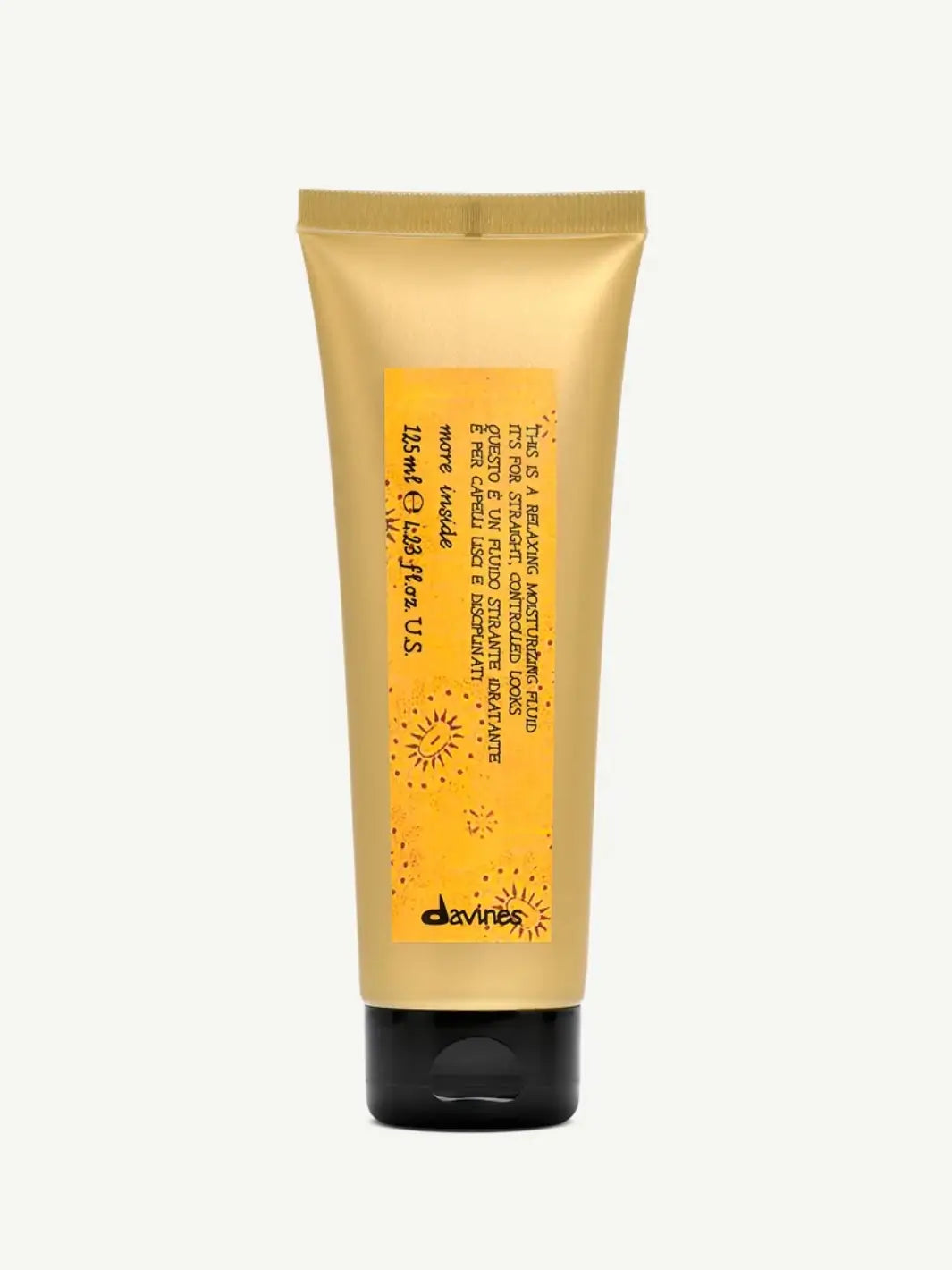 Front view of the golden squeeze tube container with a black cap for Davines This is a Relaxing Moisturizing Fluid set against an off-white background | Twentyseven