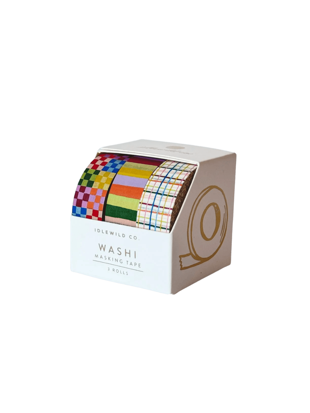 A studio shot of the Idlewild Co. Washi Tape, Set of 3 in Rainbow neatly displayed inside its custom white branded window box | Twentyseven