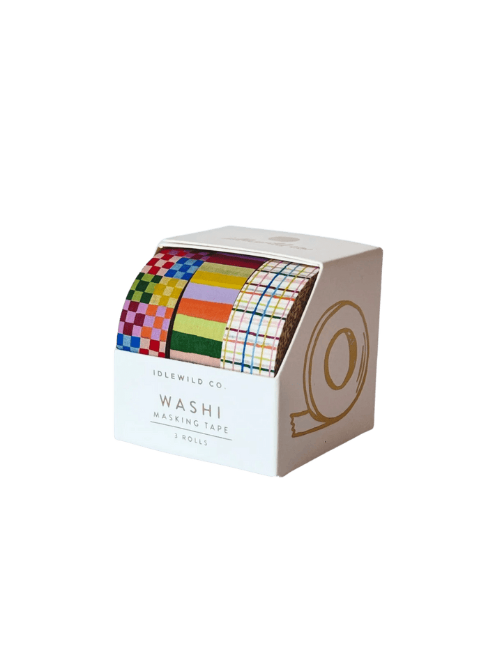 A studio shot of the Idlewild Co. Washi Tape, Set of 3 in Rainbow neatly displayed inside its custom white branded window box | Twentyseven
