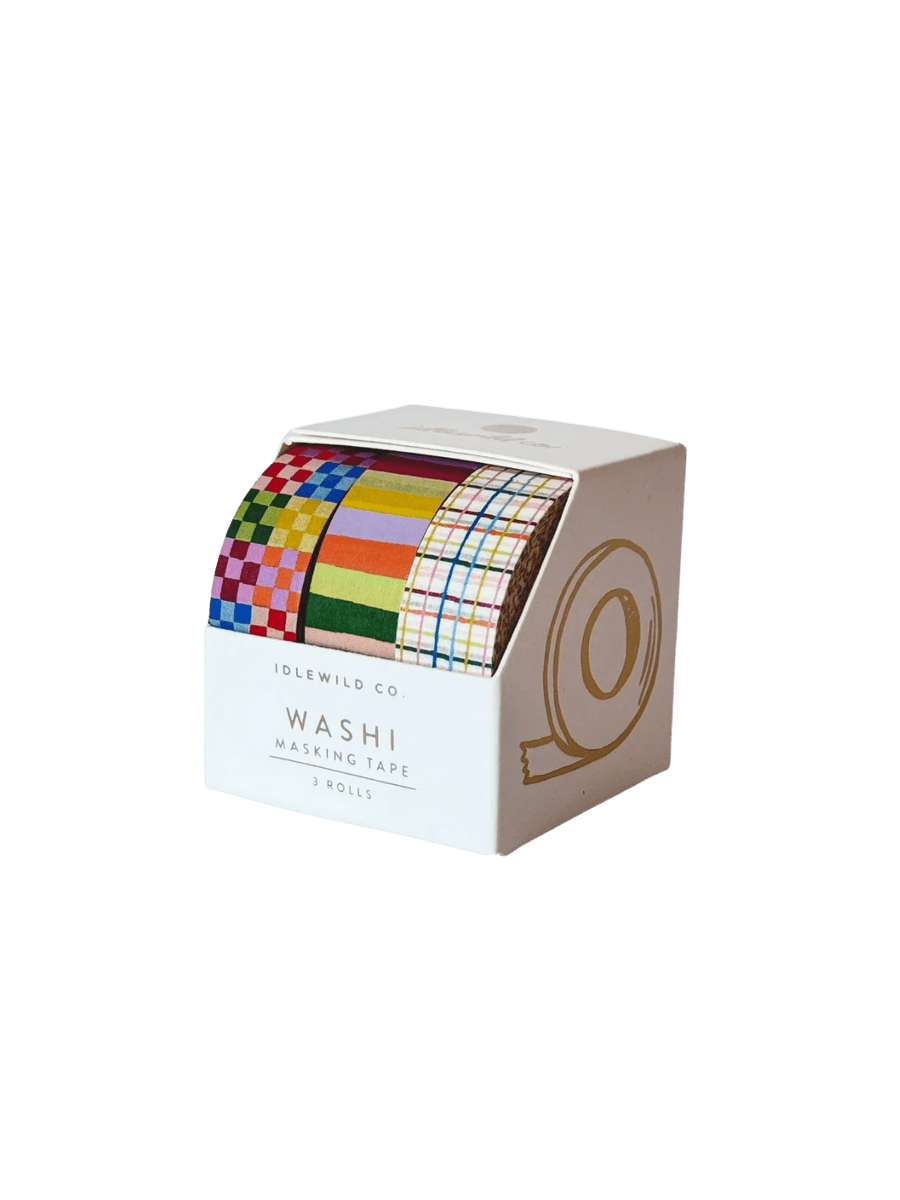 A studio shot of the Idlewild Co. Washi Tape, Set of 3 in Rainbow neatly displayed inside its custom white branded window box | Twentyseven
