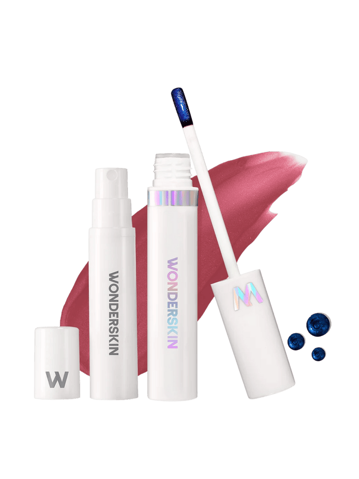 Studio product shot of the Wonderskin WONDER BLADING Peel & Reveal Lip Color Kit in Charming featuring the activator spray, lip stain tube, applicator wand, and a deep rose lip swatch | Twentyseven