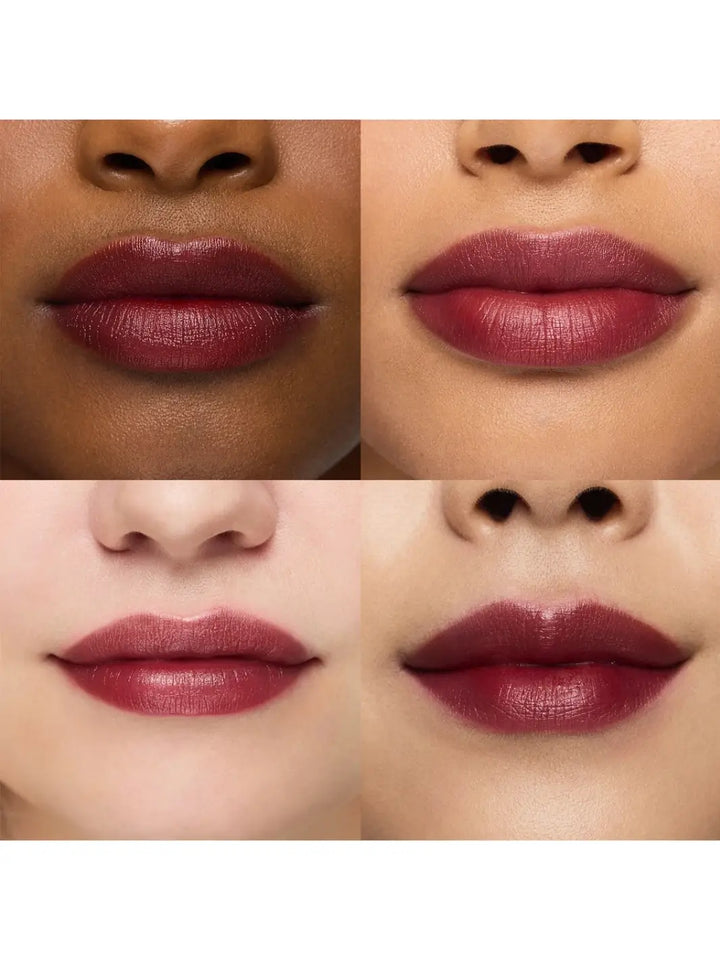 A four-grid close-up showing the finished look of the Wonderskin WONDER BLADING Peel & Reveal Lip Color Kit in Charming across four different skin tones | Twentyseven