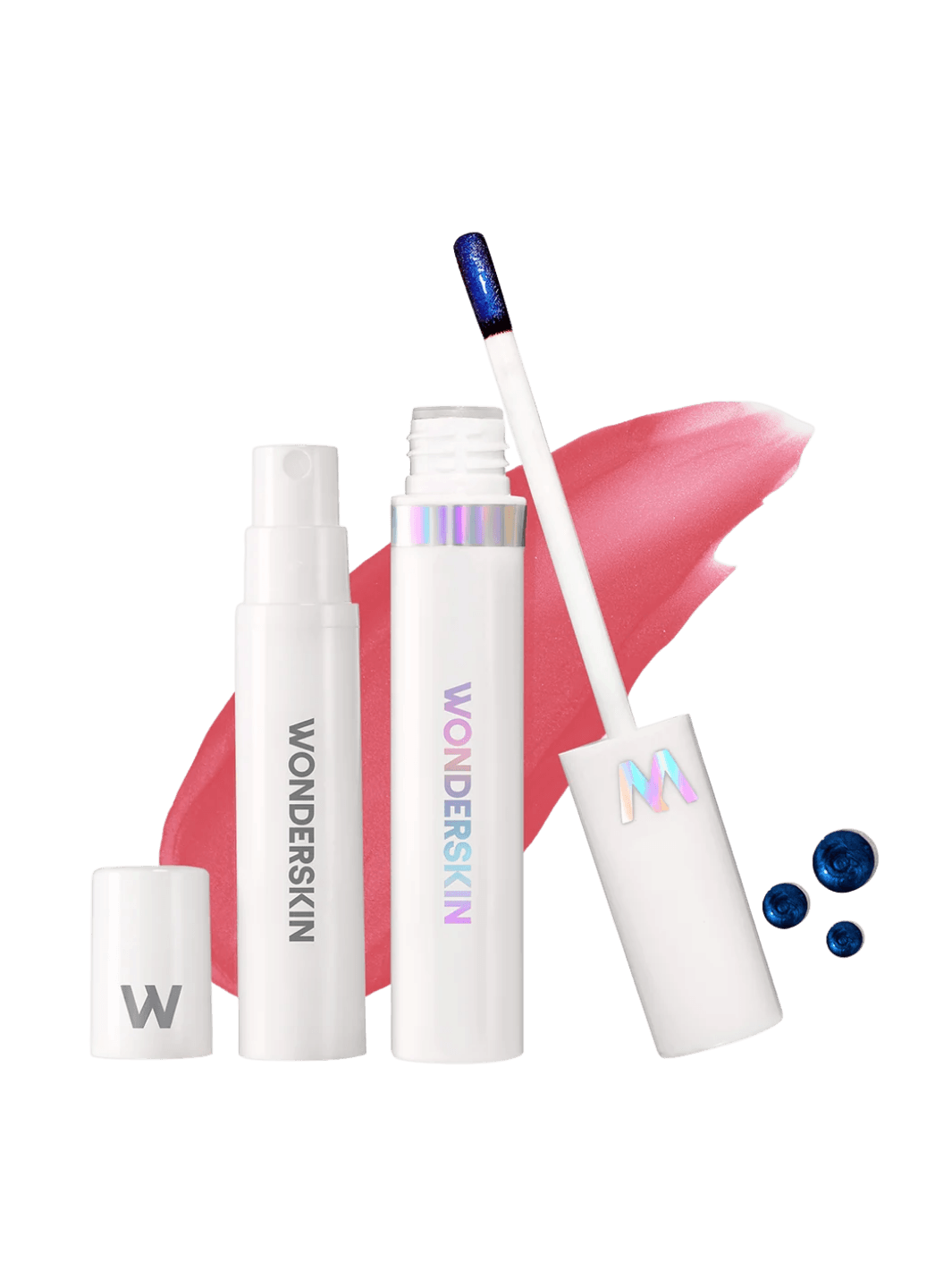 Product shot featuring the Wonderskin WONDER BLADING Peel & Reveal Lip Color Kit - Romance white spray bottle, lip stain tube, applicator wand with metallic blue gel, and a pink lip swatch background | Twentyseven