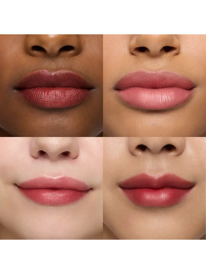 A four-grid close-up showing the finished look of the Wonderskin WONDER BLADING Peel & Reveal Lip Color Kit - Romance on four different skin tones | Twentyseven