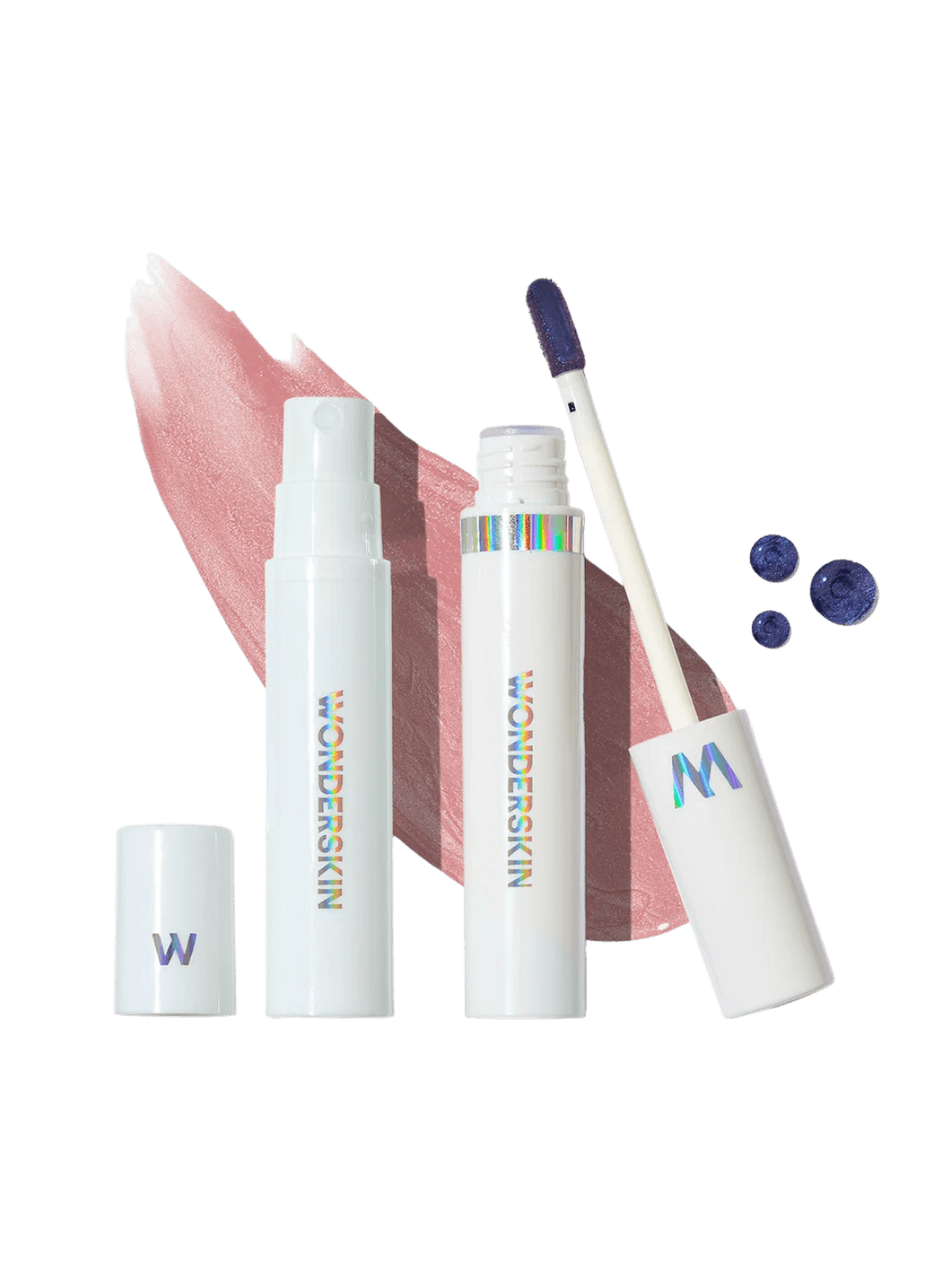 Studio product shot featuring the Wonderskin WONDER BLADING Peel & Reveal Lip Color Kit in XOXO spray, lip stain tube, applicator wand, and a soft pink swatch | Twentyseven
