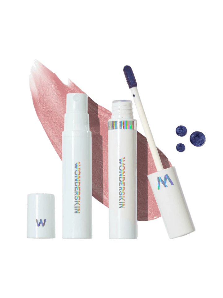 Studio product shot featuring the Wonderskin WONDER BLADING Peel & Reveal Lip Color Kit in XOXO spray, lip stain tube, applicator wand, and a soft pink swatch | Twentyseven