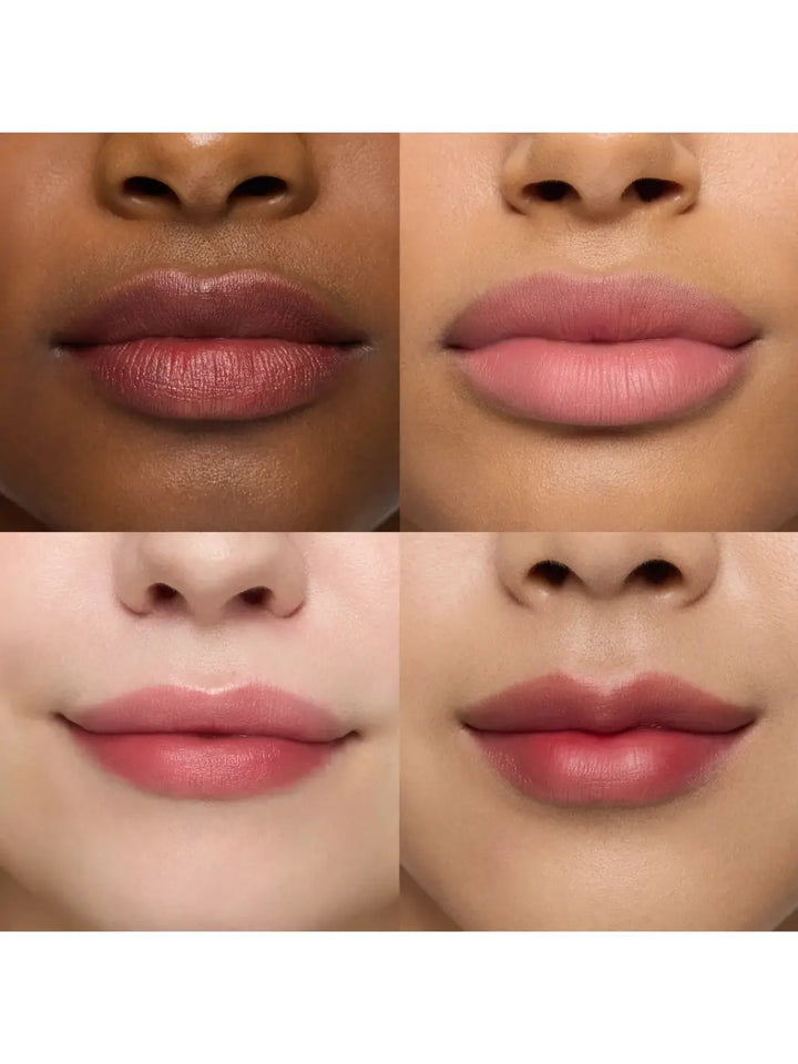 A four-grid close-up displaying the finished look of the Wonderskin WONDER BLADING Peel & Reveal Lip Color Kit - XOXO across four different skin tones | Twentyseven