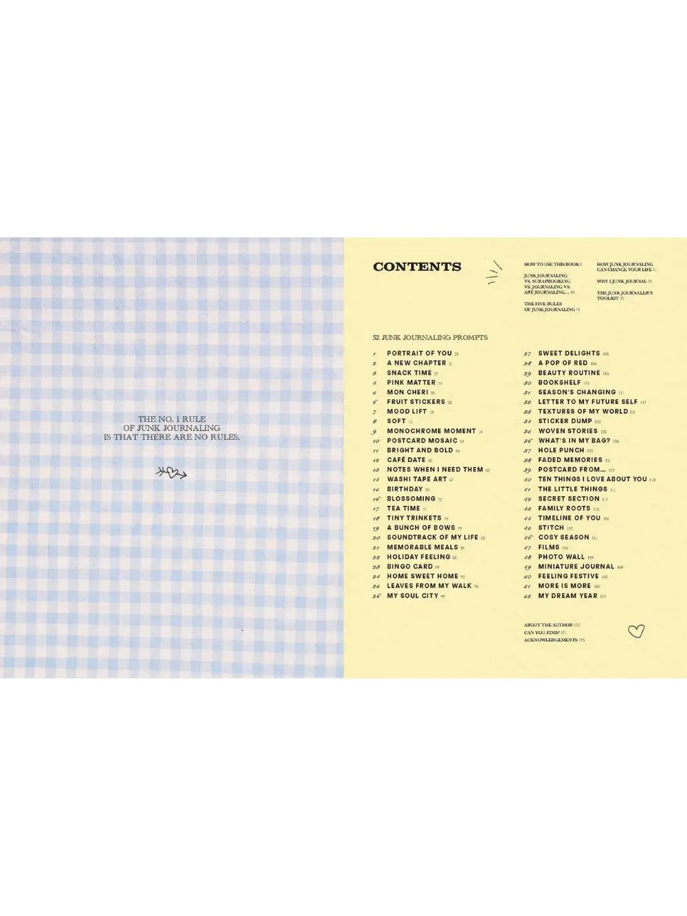 Pages from A Year of Junk Journaling: 52 Weeks of Prompts and Inspiration for Scrapbooking by Martina Calvi with a blue-and-white gingham pattern on the left and a comprehensive "Contents" list on the right | Twentyseven Toronto