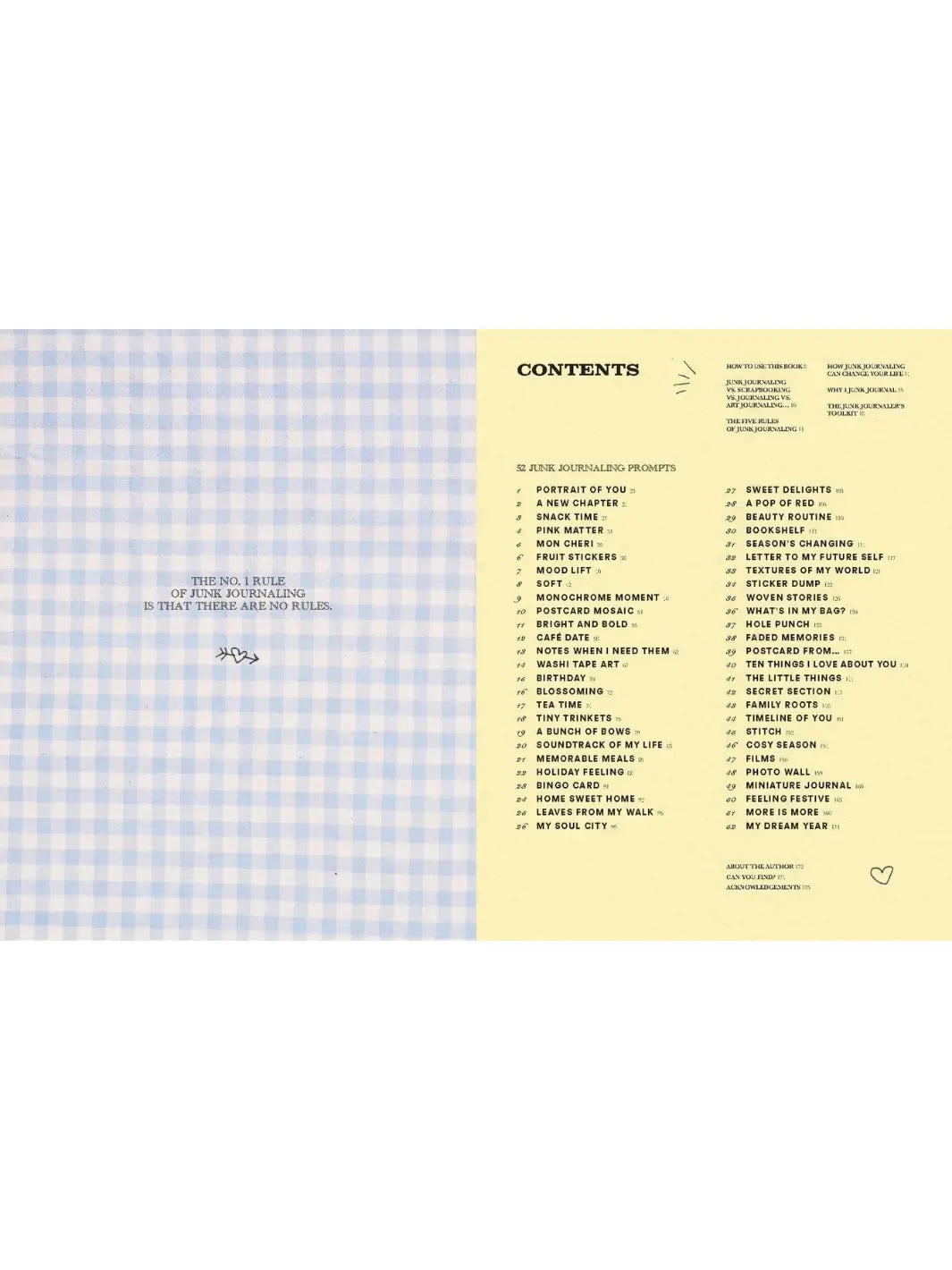 Pages from A Year of Junk Journaling: 52 Weeks of Prompts and Inspiration for Scrapbooking by Martina Calvi with a blue-and-white gingham pattern on the left and a comprehensive "Contents" list on the right | Twentyseven Toronto