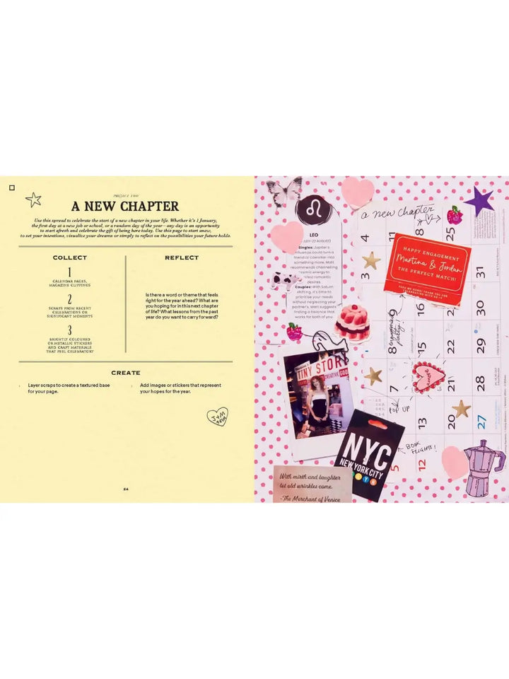 Spread from A Year of Junk Journaling: 52 Weeks of Prompts and Inspiration for Scrapbooking by Martina Calvi with a "A New Chapter" project page with creative prompts beside a festive collage of calendar pages, pink polka dots, a Leo zodiac card, and various stickers | Twentyseven Toronto