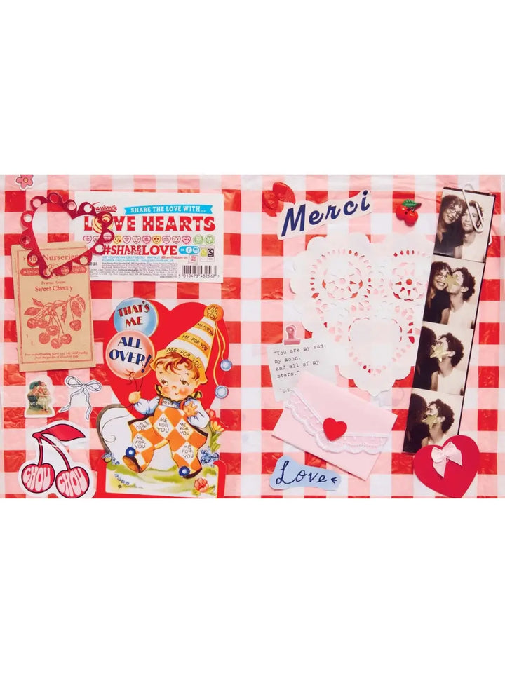 Spread from A Year of Junk Journaling: 52 Weeks of Prompts and Inspiration for Scrapbooking by Martina Calvi with a vibrant red-and-white gingham background layered with various stickers, memorabilia and photobooth strips | Twentyseven Toronto