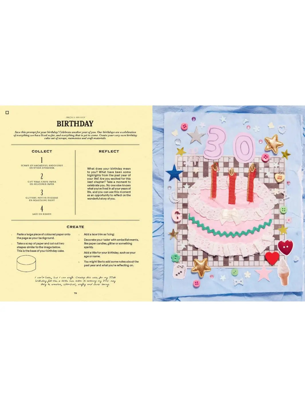 Spread from A Year of Junk Journaling: 52 Weeks of Prompts and Inspiration for Scrapbooking by Martina Calvi features a "Birthday" project page with instructions on how to collect, reflect, and create a paper cake | Twentyseven Toronto