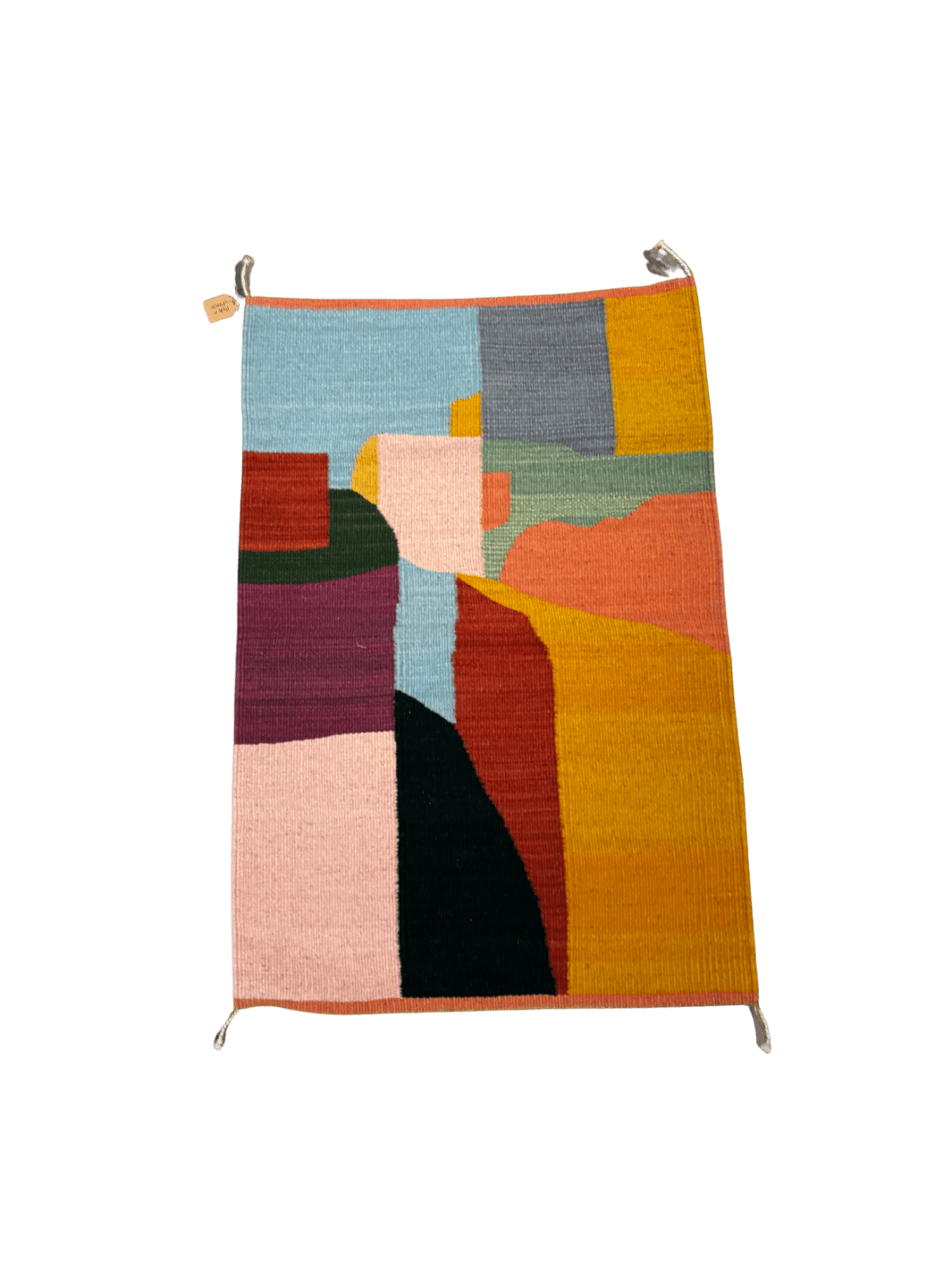 Handwoven abstract rug featuring geometric colour blocking in mustard, blush, burgundy, sage green, charcoal, and pale blue tones with organic curved shapes | Twentyseven Toronto