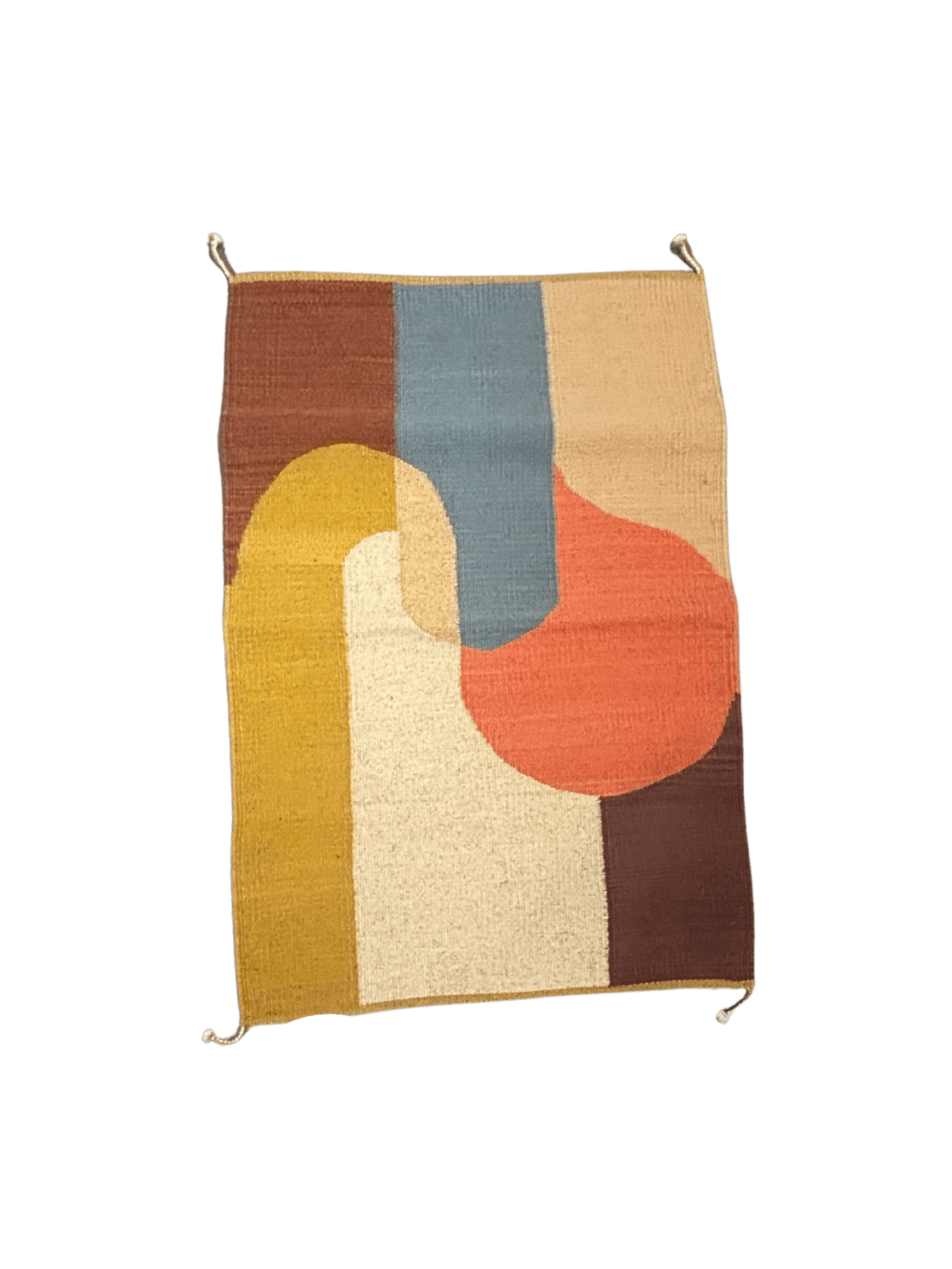 Handwoven abstract rug with curved geometric forms in ochre, cream, dusty blue, terracotta, and brown tones in a minimalist composition | Twentyseven Toronto
