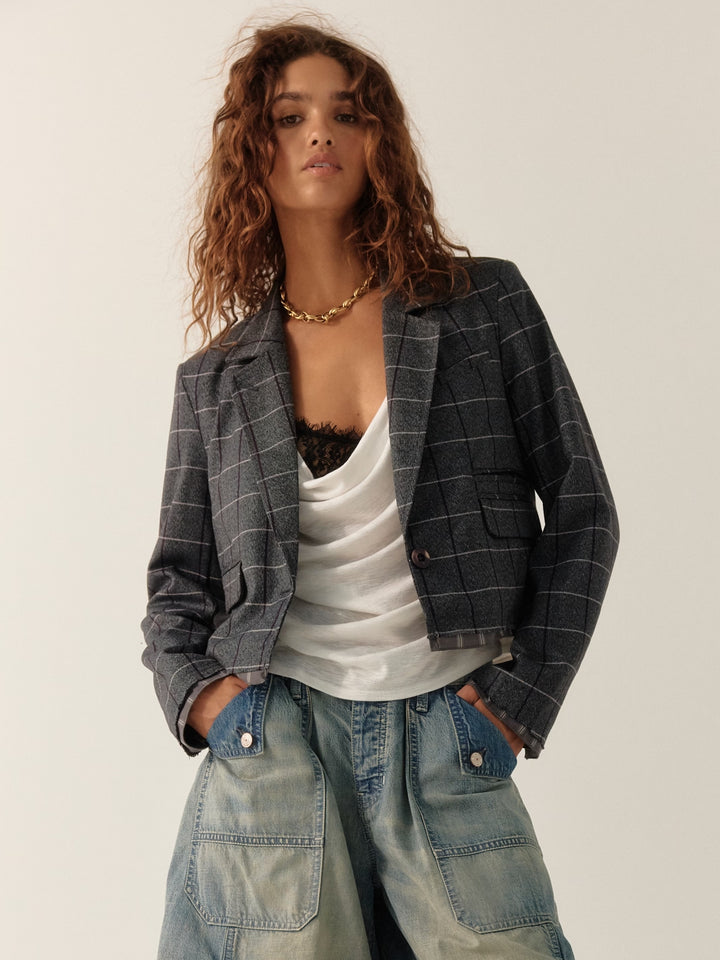 Free People Academia Blazer in Charcoal Combo styled with a white camisole and relaxed light-wash jeans | Twentyseven Toronto
