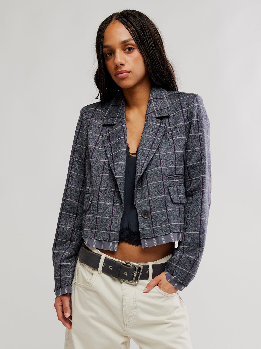 Front view of the Free People Academia Blazer in Charcoal Combo featuring a cropped fit, single-button closure and contrast striped trim | Twentyseven Toronto