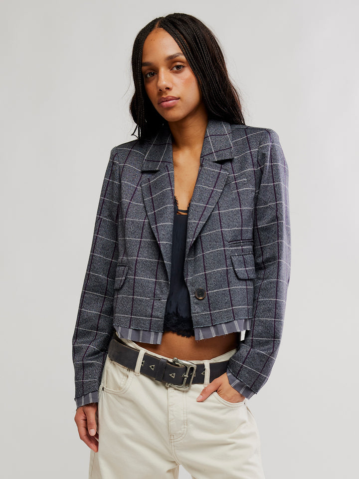 Front view of the Free People Academia Blazer in Charcoal Combo featuring a cropped fit, single-button closure and contrast striped trim | Twentyseven Toronto