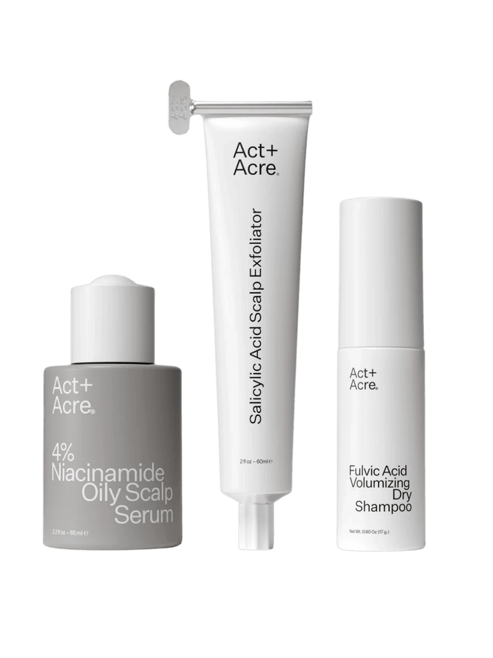 Three Act+Acre haircare products, 4% Niacinamide Oily Scalp Serum 65ml, Salicylic Acid Scalp Serum 60ml, Fulvic Acid Volumizing Dry Shampoo 17g on a transparent background | Twentyseven Toronto