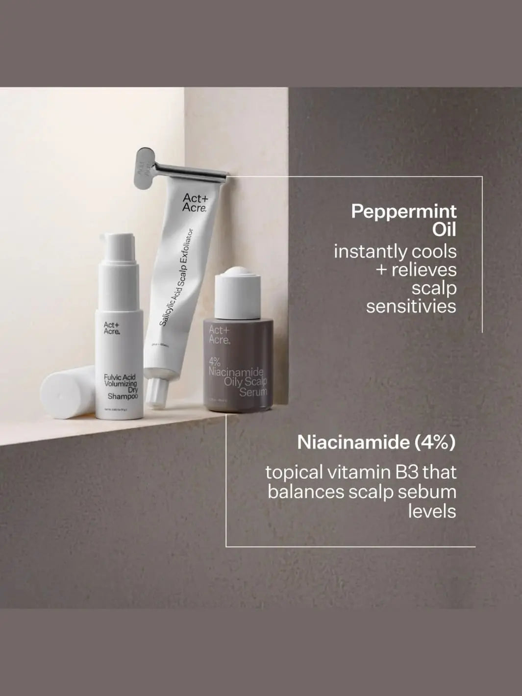 Act+Acre Oil Control Pro System products with text about benefits of peppermint oil and niacinamide on a neutral background | Twentyseven Toronto