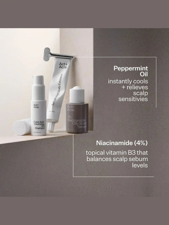 Act+Acre Oil Control Pro System products with text about benefits of peppermint oil and niacinamide on a neutral background | Twentyseven Toronto