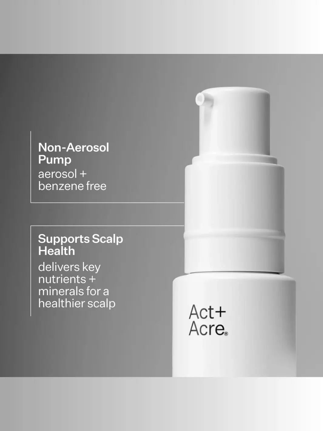 White pump bottle with 'Act+Acre' Fulvic Acid Volumizing Dry Shampoo branding on a gray background | Twentyseven Toronto