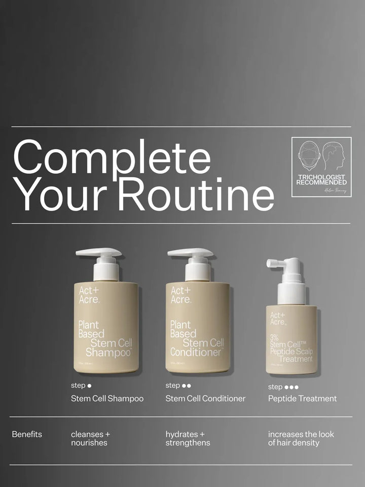 Act+Acre three-step Stem Cell System featuring shampoo, conditioner and peptide scalp treatment with benefits for healthier-looking hair | Twentyseven Toronto
