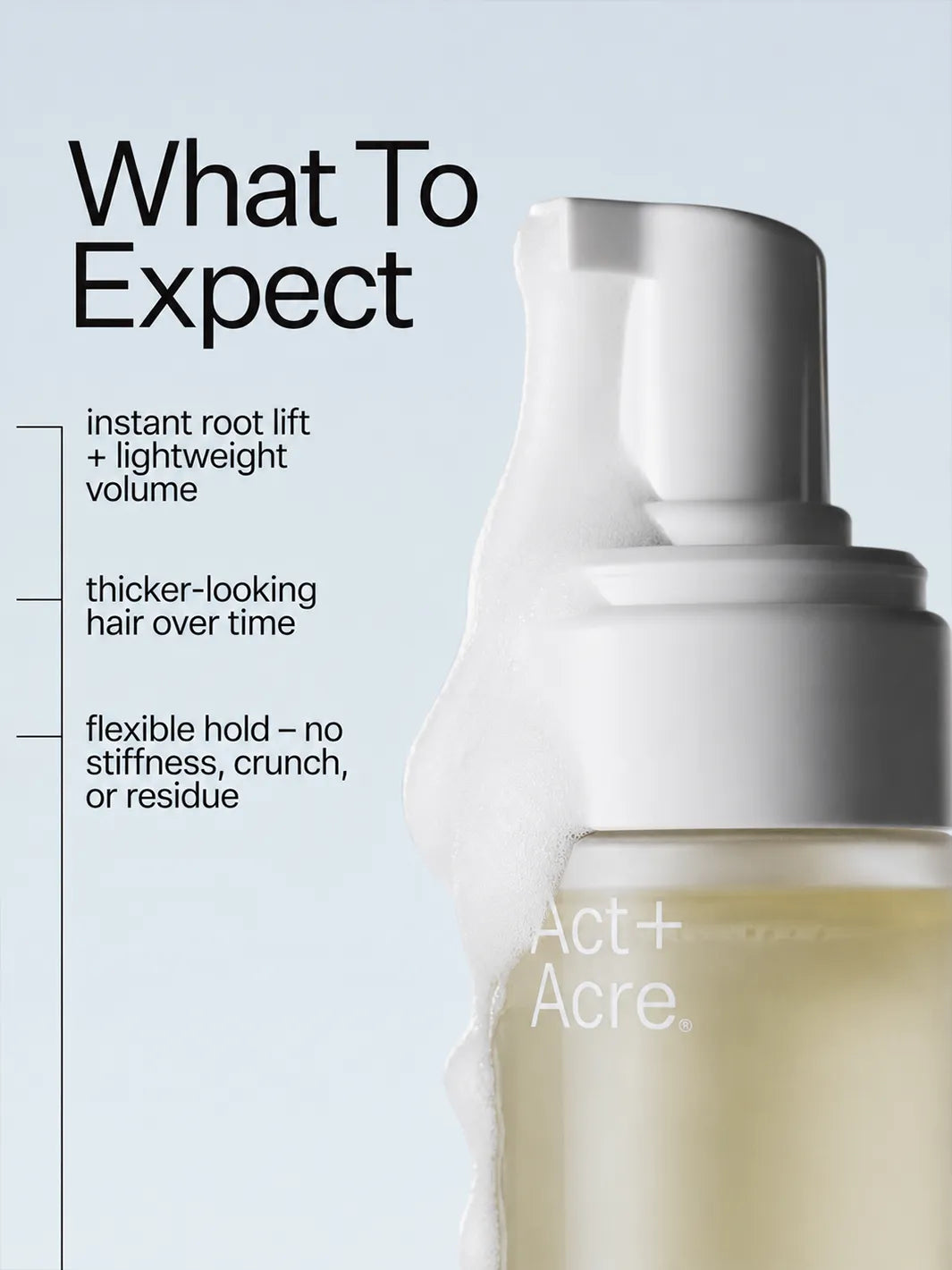 Act+Acre Stem Cell Thickening Foam delivering instant root lift, lightweight volume, flexible hold and thicker-looking hair over time | Twentyseven Toronto