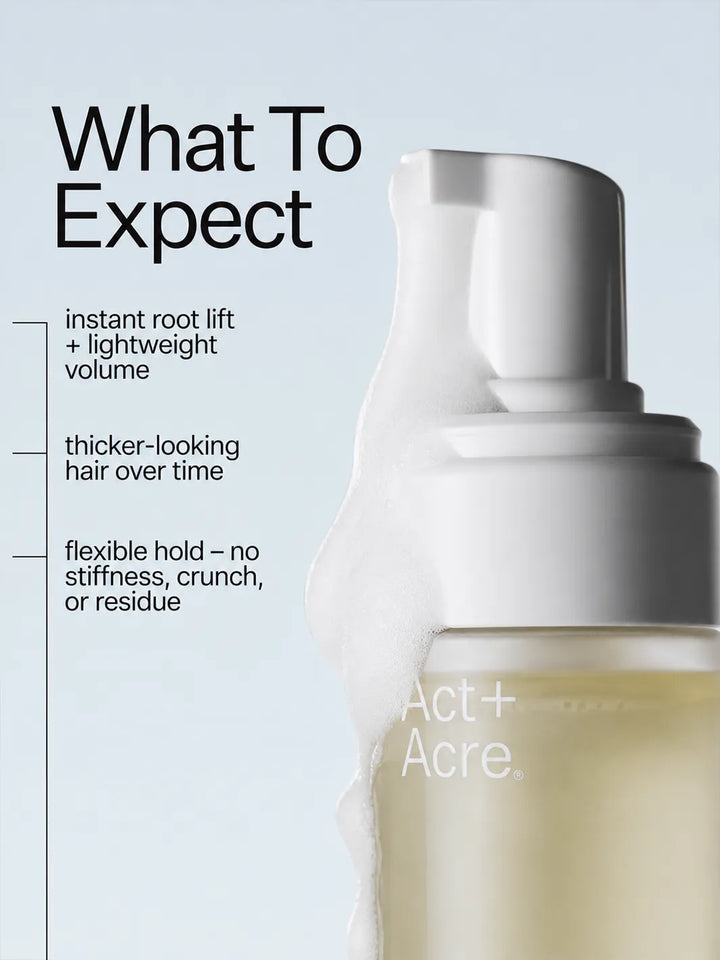 Act+Acre Stem Cell Thickening Foam delivering instant root lift, lightweight volume, flexible hold and thicker-looking hair over time | Twentyseven Toronto