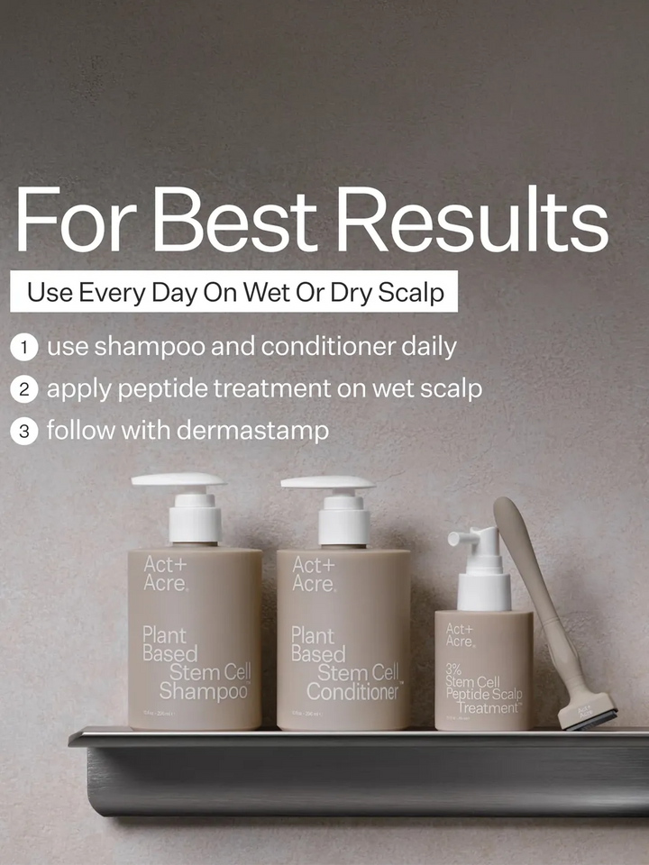 Act+Acre Stem Cell System with shampoo, conditioner, peptide scalp treatment and dermastamp, with daily use instructions | Twentyseven Toronto