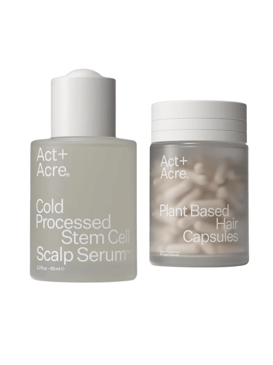 Act+Acre Cold Processed Stem Cell Scalp Serum bottle and Plant Based Hair Capsules container on a transparent background | Twentyseven Toronto
