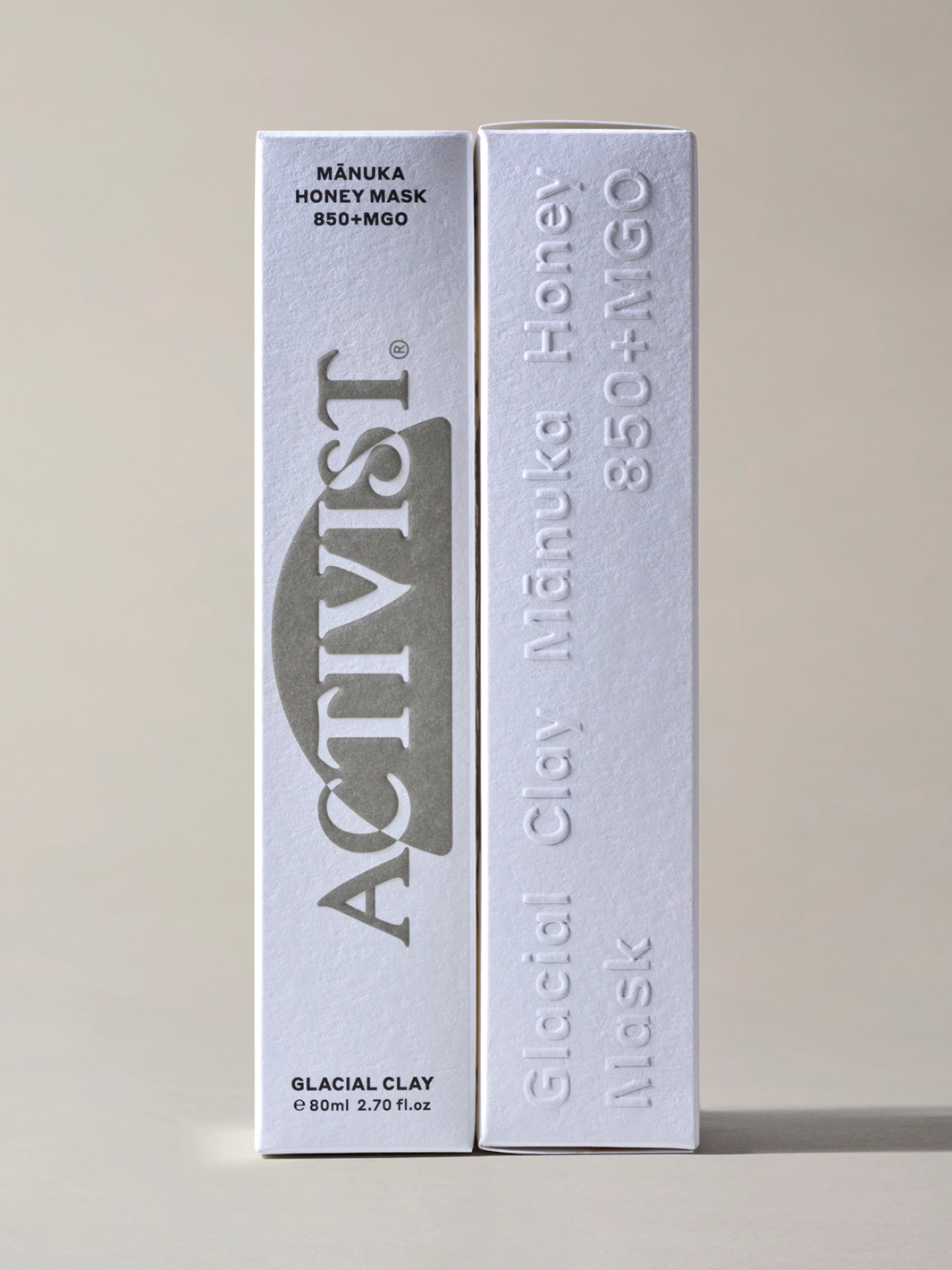 ACTIVIST Mānuka Honey Glacial Clay Mask 850+MGO packaging featuring minimalist white embossed boxes | Twentyseven Toronto