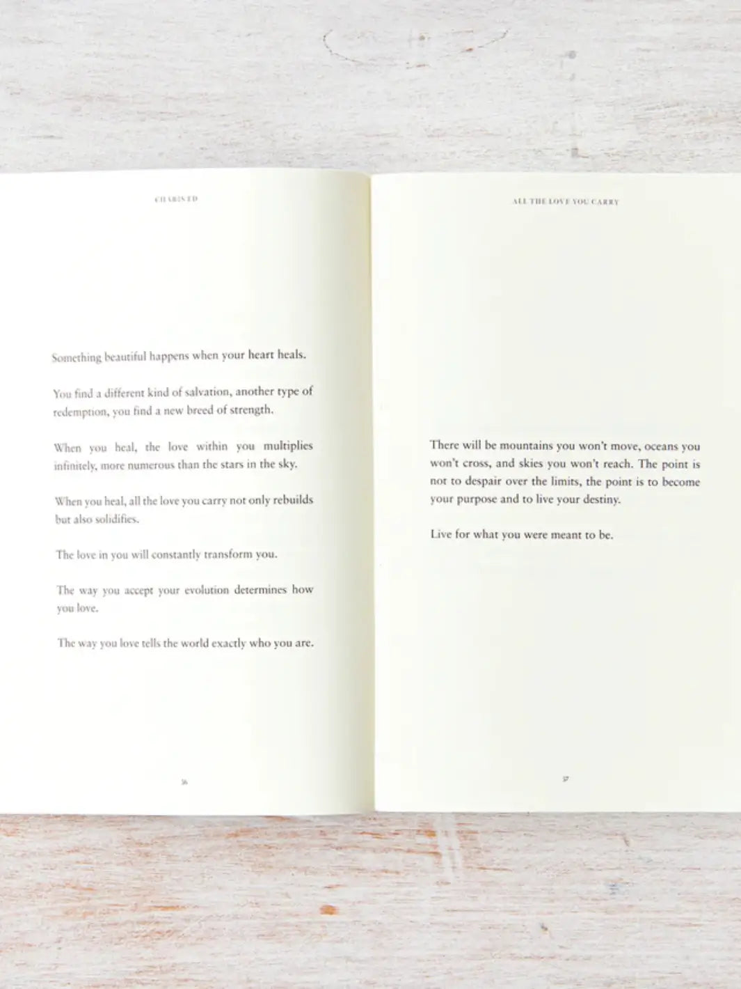 Pages 36 and 37 of All The Love You Carry by Charis Ed display poetic prose blocks centered on the themes of emotional healing and fulfilling one's destiny | Twentyseven Toronto