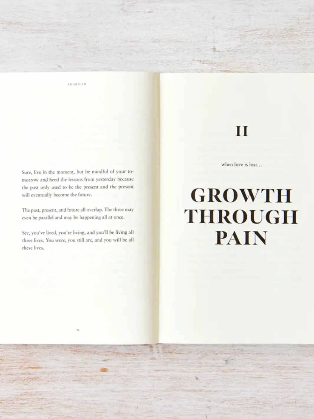 An open book spread of All The Love You Carry by Charis Ed marks the beginning of Section II with a bold title page reading "GROWTH THROUGH PAIN" underneath the phrase "when love is lost...". | Twentyseven Toronto