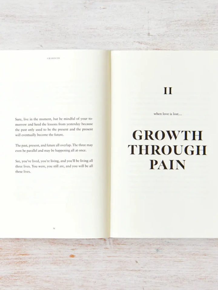 An open book spread of All The Love You Carry by Charis Ed marks the beginning of Section II with a bold title page reading "GROWTH THROUGH PAIN" underneath the phrase "when love is lost...". | Twentyseven Toronto
