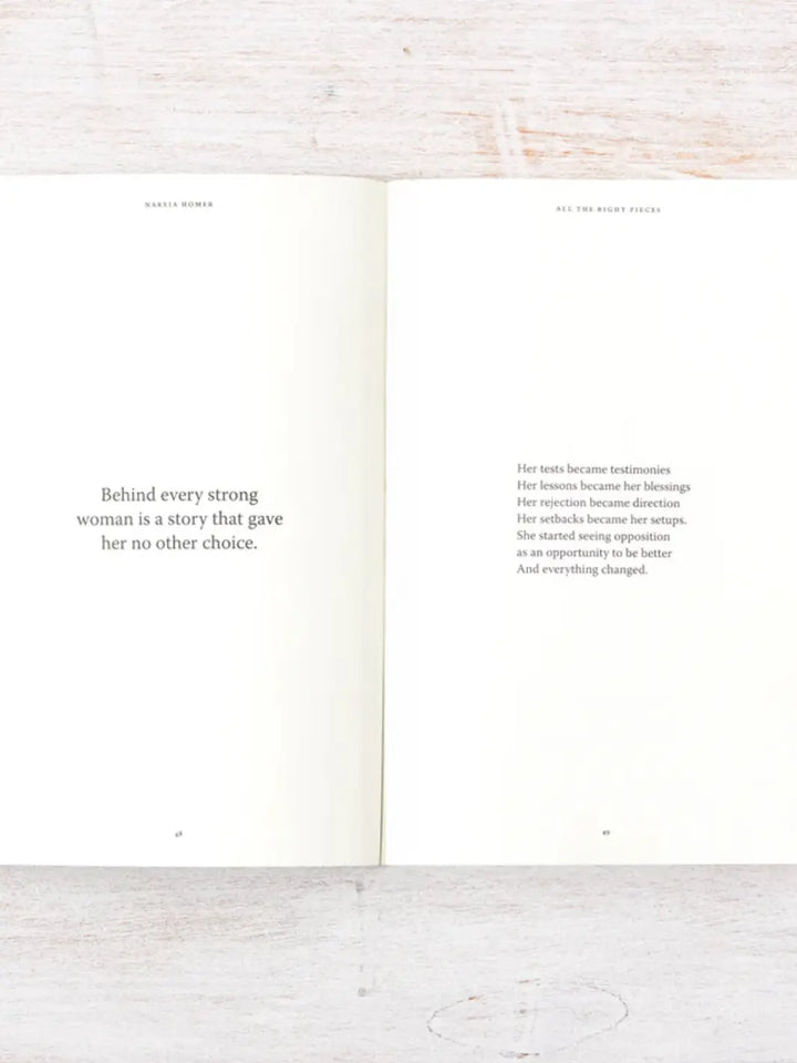 An open spread of All The Right Pieces by Nakeia Homer displays empowering, poetic text about resilience and transformation on pages 48 and 49 | Twentyseven Toronto