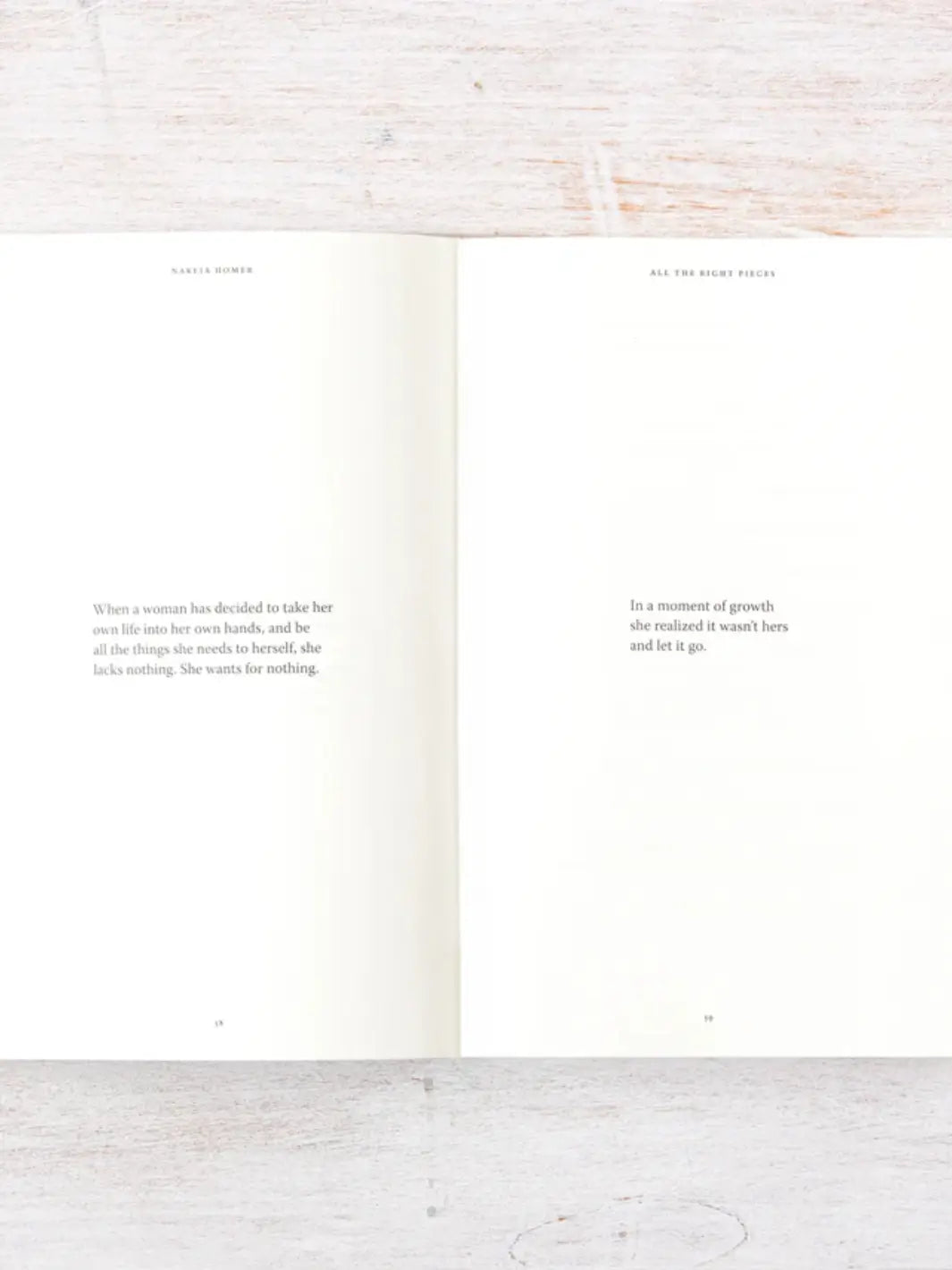 Pages 58 and 59 of All The Right Pieces by Nakeia Homer features short, inspiring paragraphs focused on growth and independence | Twentyseven Toronto