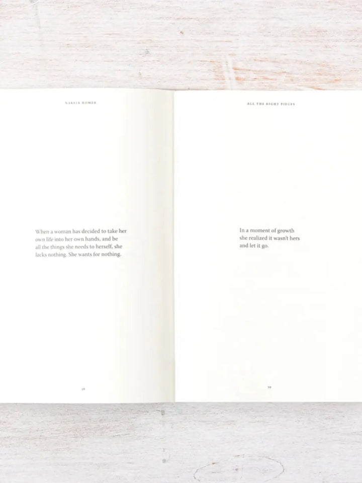 Pages 58 and 59 of All The Right Pieces by Nakeia Homer features short, inspiring paragraphs focused on growth and independence | Twentyseven Toronto
