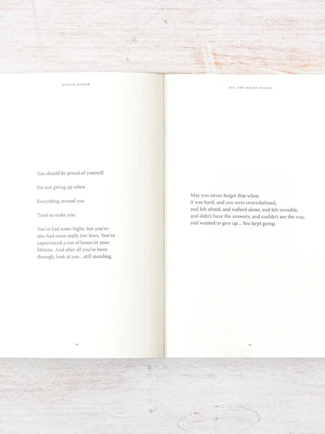 Open spread of All The Right Pieces by Nakeia Homer showcases uplifting, prose-style text on pages 74 and 75 encouraging the reader to acknowledge their strength | Twentyseven Toronto