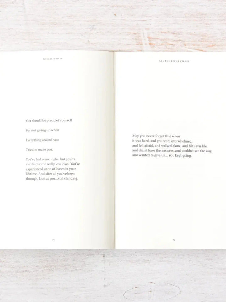 Open spread of All The Right Pieces by Nakeia Homer showcases uplifting, prose-style text on pages 74 and 75 encouraging the reader to acknowledge their strength | Twentyseven Toronto