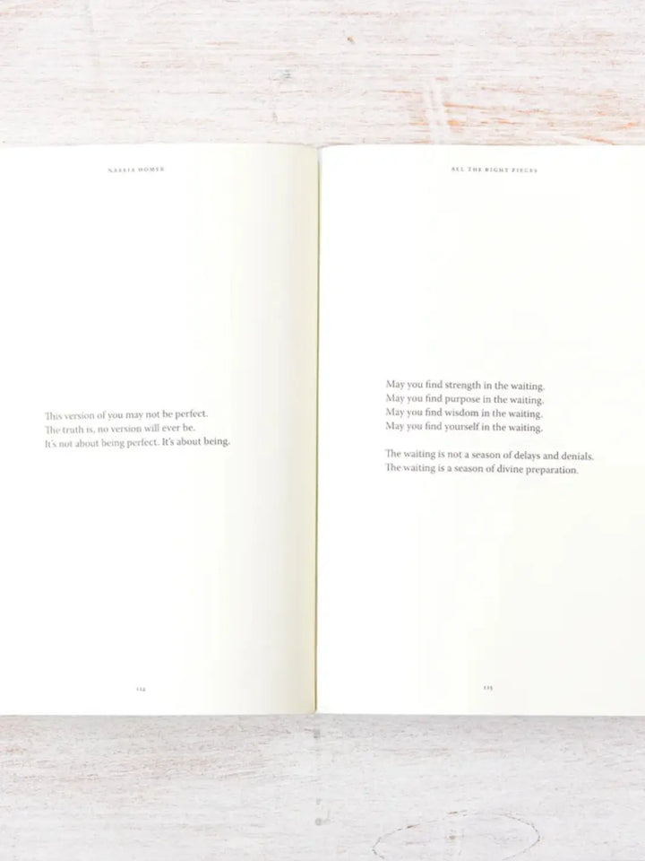 An open spread of All The Right Pieces by Nakeia Homer features comforting affirmations about patience and acceptance on pages 134 and 135 | Twentyseven Toronto