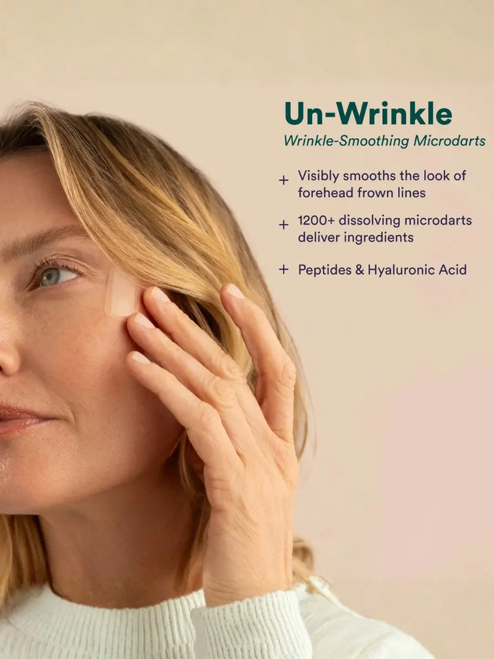 The Good Patch Un-Wrinkle microdart patch applied near the eye, highlighting its smoothing and hydrating benefits | Twentyseven Toronto