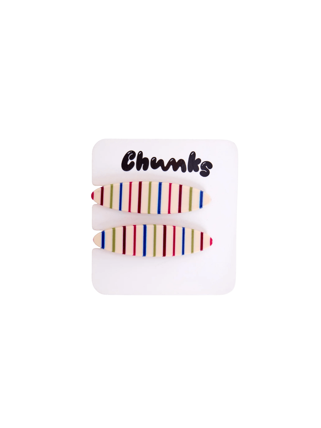 A pair of Chunks Hairclips Allie Clips in Oval Vanilla Stripe are displayed on a white paper backing card featuring the Chunks brand logo | Twentyseven Toronto