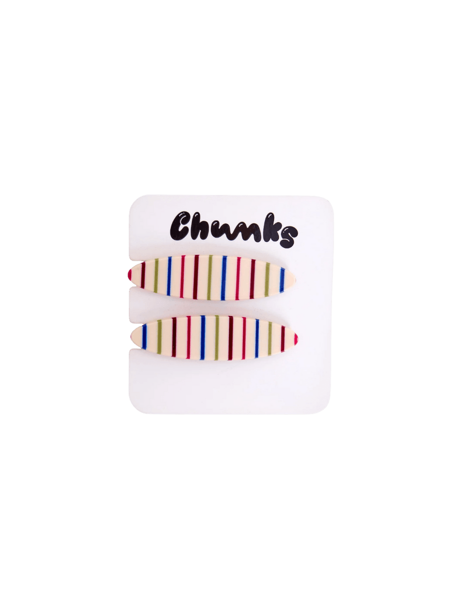 A pair of Chunks Hairclips Allie Clips in Oval Vanilla Stripe are displayed on a white paper backing card featuring the Chunks brand logo | Twentyseven Toronto