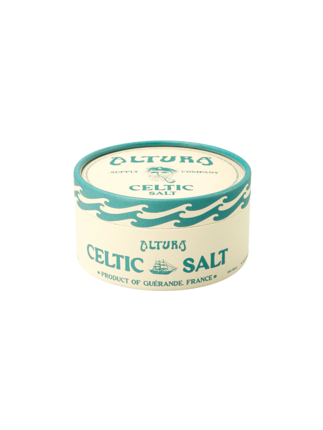 Eco-friendly paper tube of Altura Celtic Sea Salt highlighting its teal wave pattern and "Product of Guérande, France" label on a transparent background | Twentyseven Toronto