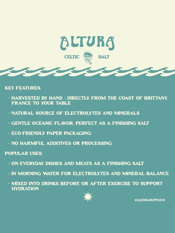 An informational graphic for Altura Celtic Sea Salt lists key features and popular uses, such as supporting hydration and mineral balance, against a teal and cream wavy background | Twentyseven Toronto