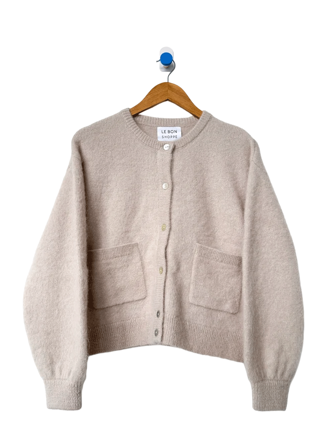 Le Bon Shoppe Amélie Alpaca Cardigan in Smoke, featuring balloon sleeves, shell buttons and two front patch pockets | Twentyseven Toronto