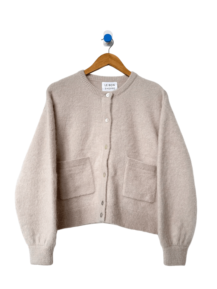 Le Bon Shoppe Amélie Alpaca Cardigan in Smoke, featuring balloon sleeves, shell buttons and two front patch pockets | Twentyseven Toronto