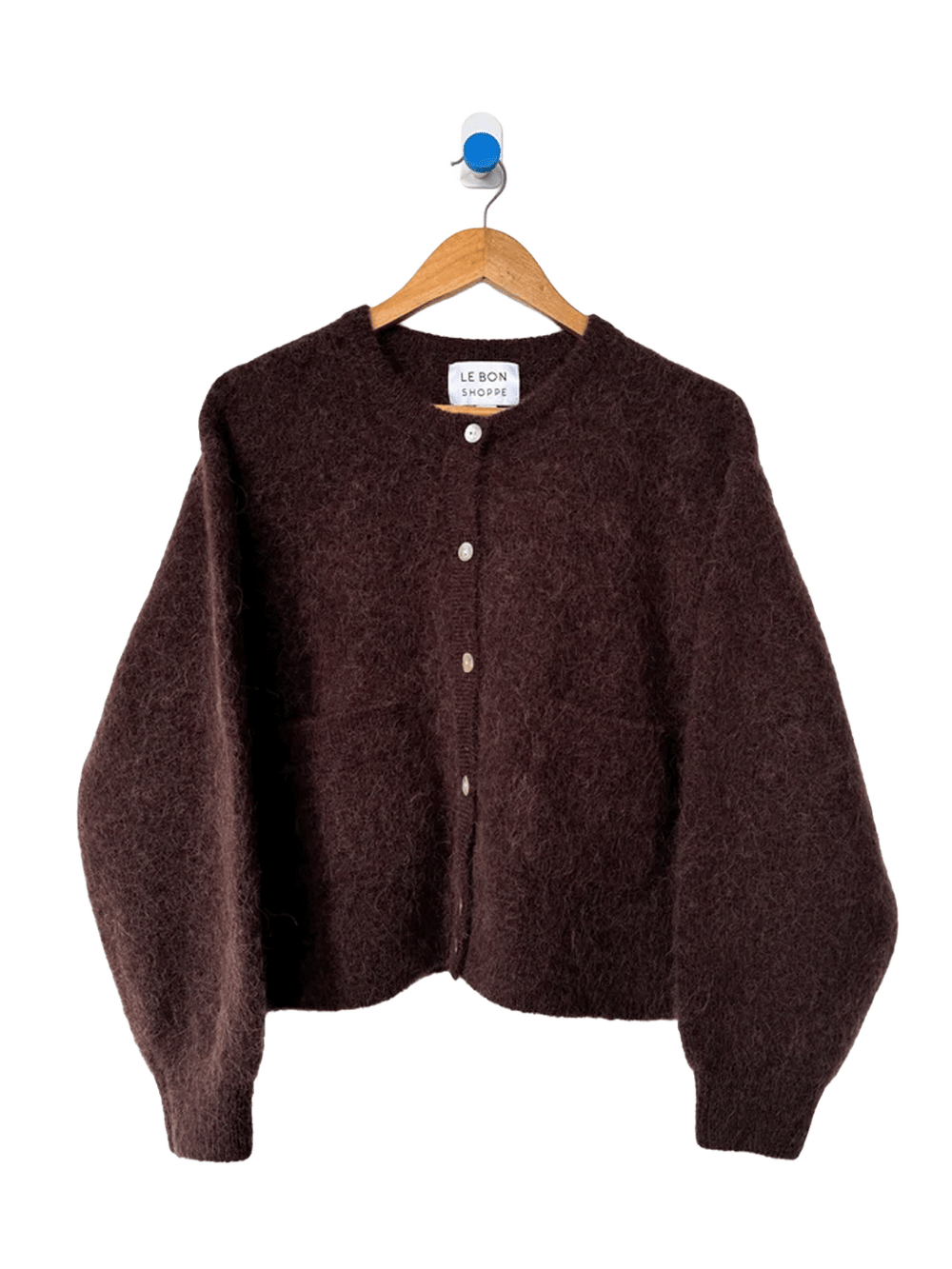 Le Bon Shoppe Amélie Alpaca Cardigan in Chocolate, featuring shell buttons, front patch pockets and balloon sleeves | Twentyseven Toronto