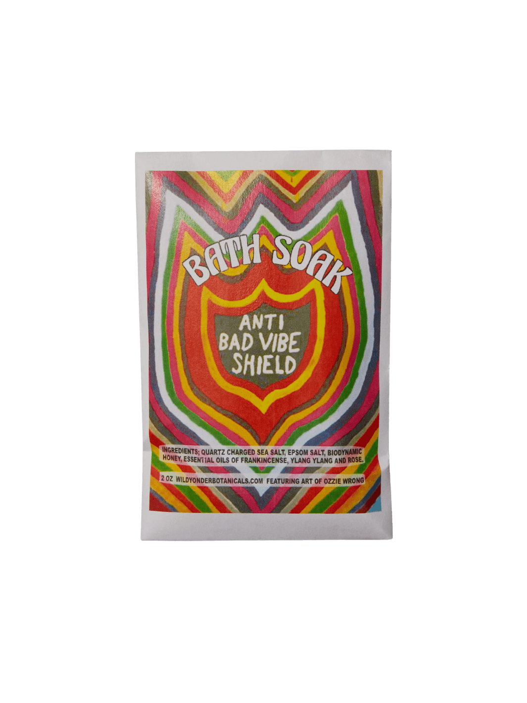 A paper pouch of Wild Yonder Studio Anti Bad Vibe Shield Bath Soak or Body Scrub features vibrant, multicolored psychedelic artwork by Ozzie Wrong on its front label | Twentyseven Toronto