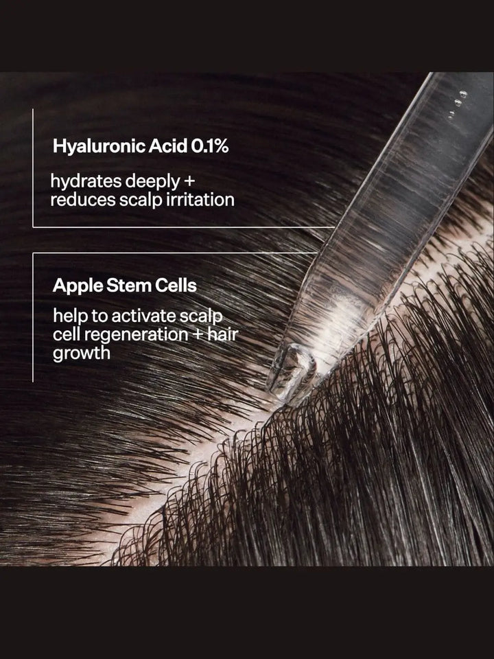 Close-up of hair with text about Act+Acre Cold Processed Apple Stem Cell Scalp Serum hyaluronic acid and apple stem cells for scalp care | Twentyseven Toronto